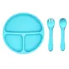 Plato Redondo de Silicona para Cena Set de 3 Piezas Tazón para Comida de Bebé Plato para Cena Infantil Plato Dividido Plato para Cena Integrado con Ventosa