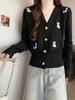 Cardigan Curto de Tricô com Bordado de Filhote e Gola V para Mulheres no Outono e Inverno, Nova Peça Solta e Versátil para Camadas