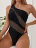 Nuevo traje de baño de una pieza para mujer 2023 estilo europeo y americano sexy de un hombro color sólido costura traje de baño moda para mujer comercio exterior transfronterizo