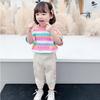 Meninas de verão terno bebê elegante personalidade infantil tendência estilo coreano arco-íris listrado manga curta camiseta alfabeto calças esportivas