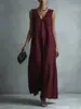 Vestido Feminino Casual Elegante de Verão e Primavera 2026 Novo Estilo Europeu e Americano, Decote V, Sem Mangas, Tecido Falso Linho