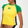 Camiseta de Mujer Nueva Estilo Europeo y Americano Delgado de Manga Corta con Cuello Redondo Costura de Color Contrastante Bordada Bandera de Brasil High Street Ajustada