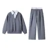 Estilo Preguiçoso Relaxado Gola Camisa Retrô Moletom Calça Masculina Primavera e Outono Terno Casual Tamanho Grande Solto Conjunto de Duas Peças