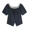 Blusa Elegante de Malla Patchwork de Lunares con Bloques de Color Estilo Francés de Manga Corta para Mujer, Tallas Grandes Ajustada 65397