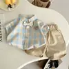 Traje de Verano para Niños, Nuevo Estilo Moda Cuadros de Manga Corta para Niños, Atractivo Conjunto de Dos Piezas Estilo Coreano para Bebé