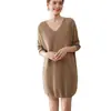 25 Vestido Largo de Cachemira Grueso con Cuello Redondo Estilo V Otoño e Invierno para Mujer, Holgado, Largo hasta la Rodilla, Elegante Vestido Suéter de Punto