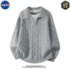 Suéter de malha de alta qualidade da marca NASA, imitação de duas peças, com mangas compridas e gola dobrável para homens, top casual de lã para outono