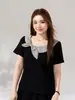Conjunto de duas peças xadrez color block com gola boneca e manga curta, saia evasê, novo traje elegante plus size feminino 66218