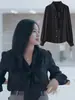Yao Chen Qiao Yang Mesma Roupa Camisa Preta com Laço Senso de Design Nicho Solta Versátil Primavera e Verão Camisa