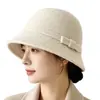 Chapéu de Palha de Tricô com Laço Simples para Mulheres Outono Inverno Aba Curta Chapéu de Pescador Uso Diário no Trabalho Chapéu Quente Moda Chapéu da Moda