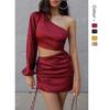 Vestido Curto Sexy de Ombro Único com Cordão Estampado Escuro de Cor Única Novo Estilo Transfronteiriço Primavera e Verão Europeu e Americano 8622