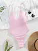 Traje de baño de una pieza de comercio exterior europeo y americano transfronterizo 2027, traje de baño sexy ajustado de color liso sin espalda con cordones para mujer, talla grande