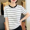 Blusa Feminina Tricô Listrada Color Block Gola Redonda Manga Curta Slim Fit Estilo Suave Versátil para o Trabalho Primavera/Verão