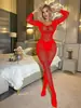 Lencería Sexy Europea y Americana de Entrepierna Abierta Sexy Unitalla de Manga Larga Sedoso Transparente Hombros Descubiertos Body de Malla W819