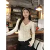 Estilo americano estilo universitário torcido com decote em V manga comprida suéter feminino outono e inverno design sentido laço renda fina elegante top
