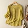 Top de Algodón y Lino de Manga Media para Mujer Bordado Holgado Artístico Vintage Camiseta de Algodón y Lino Verano Delgado Ropa Zen para Té Holgada para Mujer