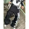 Calças jeans com estampa de estrelas estilo americano para homens e mulheres, calças retas color block de alta qualidade, calças hip-hop largas retrô, estilosas