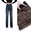 Jeans Gruesos de Pierna Recta Estrecha y Ancha con Forro Polar para Mujer 2025 Invierno Nuevos de Cintura Alta Adelgazantes Cálidos Casuales