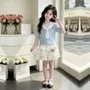 Nuevo Moderno Casual Cuello Marino Manga Corta Verano Niñas Dulce Oso Pastel Vestido Conjunto de Dos Piezas de Gama Alta para Niños Mayores