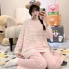Atacado transfronteiriço pijama feminino primavera e outono doce listrado gola redonda manga longa calça longa solto casual conjunto para casa