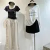 Pantalones Casuales de Encaje Relajado Estilo Francés para Mujer, Pantalones Rectos Holgados Transpirables Finos de Verano con Bordes Fruncidos, Pantalones Anchos Acortados