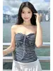 Top Tubo Listrado Retrô Sem Mangas para Garotas Estilo Puro Desejo Design de Colete Verão Slim Fit Top com Laço para Mulheres