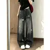 Calça Jeans Wide Leg Curva Desgastada com Estampa de Estrelas para Mulheres, Design de Trabalho Chao Li Youhuo, Outono, Solta, Versátil
