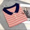Estación Europea Moda y Estilo Occidental Combinación Versátil Solapa Color Contraste Camiseta Polo Salida Suéter Holgado Slim Camiseta de Manga Corta para Mujer
