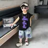 X130 Conjunto de Colete Sem Manga de Verão para Meninos Novo Tendência Cool Jeans Curto Estilo Coreano para Pequenos Cavalheiros Conjunto de Duas Peças