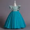 Vestido Longo Formal Europeu e Americano para Meninas com Babados, Vestido Princesa de Manga Curta, Vestido para Daminha de Casamento, Traje de Performance para Apresentadora