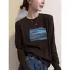 Camiseta de manga larga acanalada de algodón puro azul marino, nuevo estilo 2026, top elegante para mujer de principios de otoño, extremadamente atractivo