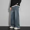 Calça jeans reta personalizada/estilo americano com forro de fleece para homens, calça grossa para outono e inverno, marca de moda high street unissex calça larga