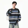 Suéter de Punto Texturizado a Bloques de Color Rayado Estilo Retro Americano para Hombre, Otoño Estilo Perezoso Sensación Holgada Suéter de Punto de Cuello Redondo para Parejas