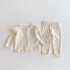 Conjunto de Roupa de Casa Floral de Algodão Estilo Coreano para Bebê Menina, Manga Longa, Manga Morcego, Abertura com Botão, Roupa para Usar por Cima ou Dormir, Outono e Inverno