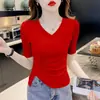 Camiseta de Algodón Puro de Manga Corta con Cuello en V para Mujer, Nueva de Verano 2026, Ajuste Delgado Irregular, Fruncida, Cubre Vientre, Adelgazante, Top de Color Sólido