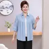 Camisa de Solapa Bordada de Moda para Mujer, Mangas Tres Cuartos, Nuevo Estilo Verano 2026, Conjunto de Camisa Reductor de Edad para Mujeres de Mediana Edad y Mayores