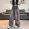 Jeans Anchos de Pierna con Bordado de Tótem Lateral Exclusivo Transfronterizo Tendencia Pantalones Largos Tipo Cimitarra Estilo Hip Hop Callejero Americano para Mujer