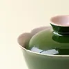 Lujoso Esmalte Mineral Original Verde Hoja de Bambú Tazón con Tapa en Forma de Flor, Creativo Alto Valor Estético Hecho a Mano Tazón de Té de Pared Delgada