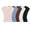 26166-26 Nuevo top básico de punto estilo coreano de principios de otoño, ajuste slim, color mojito, cuello en V, manga corta con volantes pequeños