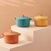Olla Esmaltada Retro de Rayas Verticales, Bol Grande de Cerámica Estilo Japonés para Fideos Instantáneos con Tapa, Olla para Estofado con Doble Asa Anti-quemaduras, Bol para Arroz de Cafetería Estudiantil