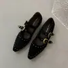 Zapatos Mary Jane Retro Europeos y Americanos de Punta Fina en Piel Suave para Mujer, Estilo Nicho con Remaches, Elevación Interna, Zapatos Casuales sin Cordones