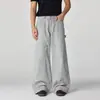 Roupas Masculinas Fengshe / Primavera Manchas de Tinta Lavado Retro Americano Desgastado Cinza Sujo Roupa de Trabalho Calças Casuais Largas de Corte Reto