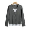 Camiseta de Primavera Manga Larga Cierre Falso Dos Piezas Estilo Coreano Ajustada Elegante Combinable Cómoda Top de Dama 181-1