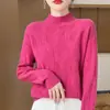 Suéter pullover de punto grueso trenzado suelto de cuello semi-alto, estilo nuevo de otoño e invierno, 100% lana premium para mujer