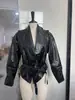 Jaqueta de Couro Sintético com Cadarço Retro Outono e Inverno Europeia e Americana para Mulheres, Casaco de PU com Gola Xale Moda Casual