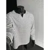Camiseta listrada de manga longa com decote em V estilo Old Money para homens, outono, descolada sem esforço e com caimento relaxado, top base casual solto