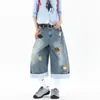 Shorts Jeans de Perna Reta Patchwork Americano Masculino Verão Tendência Design de Marca Calças de Perna Larga High Street Calças Capris Xadrez Costurado
