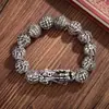 Pulsera Pixiu Atrae Dinero Estilo Vintage Desgastado Plata Tailandesa Imitación para Hombres, Pulsera de Aleación Plateada Pulida con Cabeza de Dragón Audaz y Cuentas de Buda