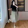 Cross-border estilo coreano contraste cor costura vestido de verão doce idade-redução emagrecimento estilo ocidental design ombro-exposto t-shirt vestido longo