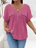 2025 Amazon Primavera/Verão Novo Top Feminino Cor Sólida Tamanho Grande Zíper Manga Curta Bolso Falso Pulôver Camiseta Caimento Solto